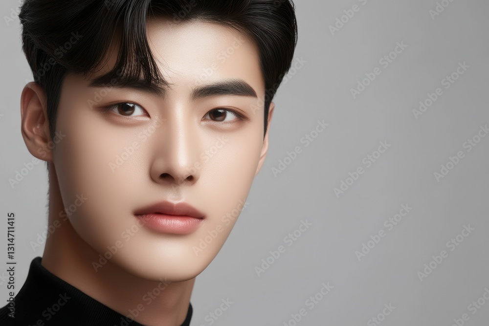 Naklejka premium A close-up portrait of a young Korean man with smooth skin, stylish hair, and a neutral expression, set against a plain background.