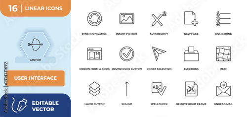 outline icons set - user interface concept. archer, synchronisation and more.