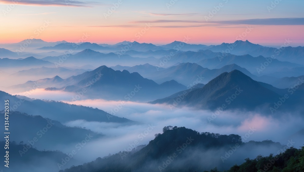 Obraz premium Stunning nature landscape, mountains shrouded in morning mist.