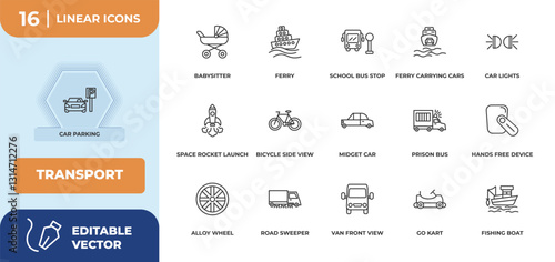 outline icons set - transport concept. car parking, babysitter and more.