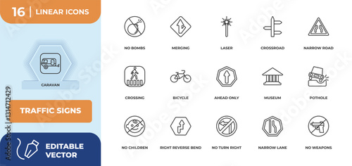 outline icons set - traffic signs concept. caravan, no bombs and more.