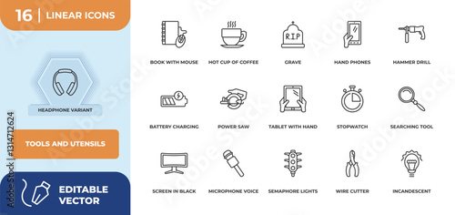 outline icons set - tools and utensils concept. headphone variant, book with mouse and more.