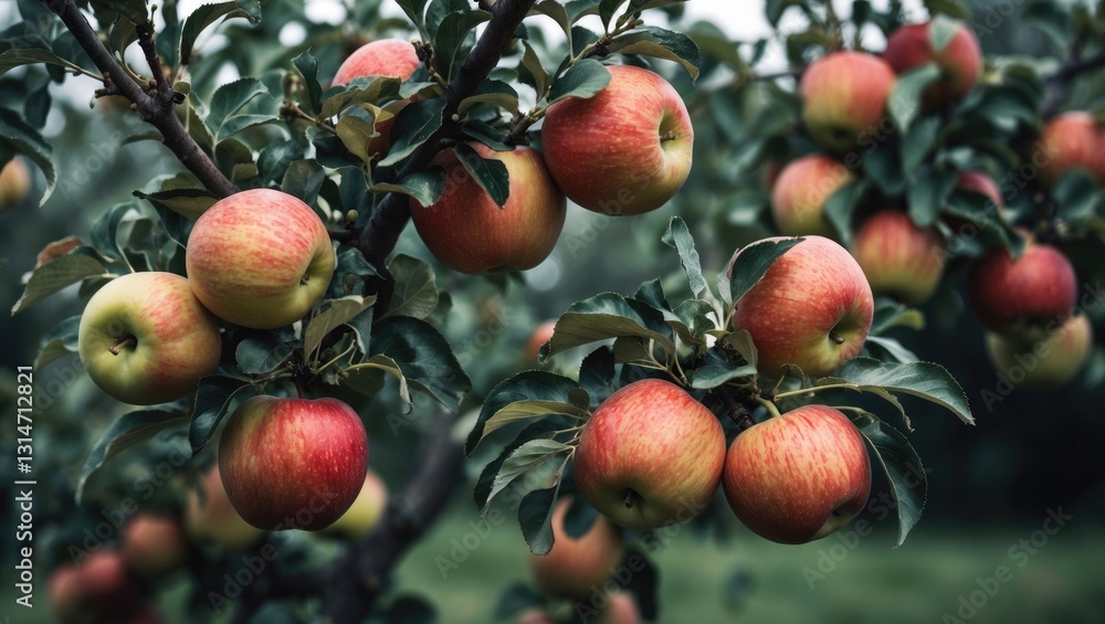 Obraz premium Ripening apples on the branches of an apple tree. Harvest of fresh fruit.