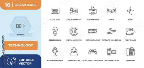 outline icons set - technology concept. baterry, caste tape and more.