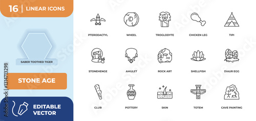 outline icons set - stone age concept. saber toothed tiger, pterodactyl and more.