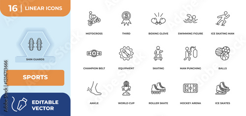 outline icons set - sports concept. shin guards, motocross and more.