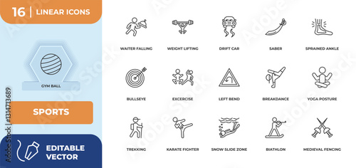 outline icons set - sports concept. gym ball, waiter falling and more.