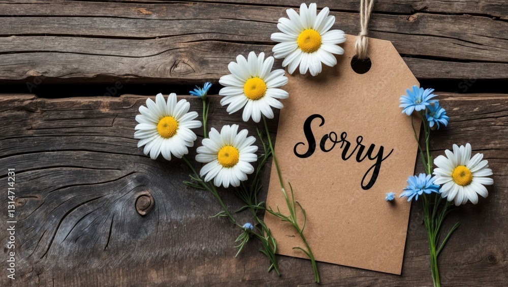 Obraz premium Calligraphy card with the inscription Sorry, featuring adorable wildflowers, capturing sincerity and tenderness, and evoking a heartfelt emotion and genuine apology, along with grace and simplicity.