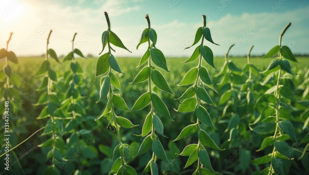 Fototapeta premium Agricultural soy plantation backdrop on a sunny day, banner. Green immature soybeans within the pods.