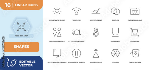 outline icons set - shapes concept. assembly area, heart with shine and more.