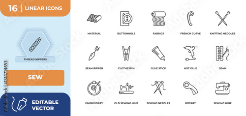 outline icons set - sew concept. thread nippers, material and more.