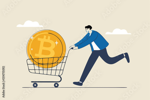 Buying Bitcoin on sale when cryptocurrency price crash to make profit concept, smart man buying or purchasing crypto currency Bitcoin in shopping cart trolley to speculate earning in the future.