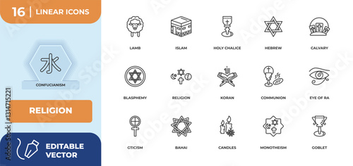 outline icons set - religion concept. confucianism, lamb and more.