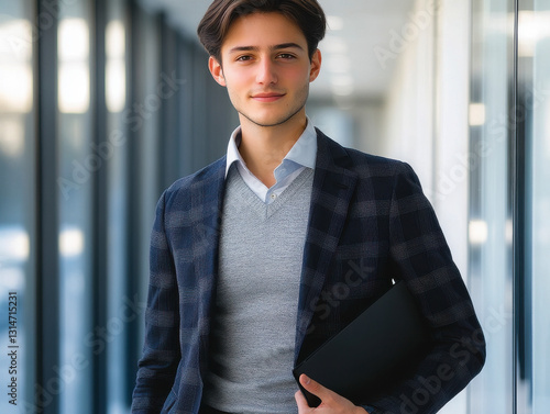 Confident young businessman in modern office environment, stylish and professional look. photo