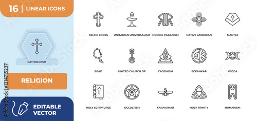 outline icons set - religion concept. catholicism, celtic cross and more.