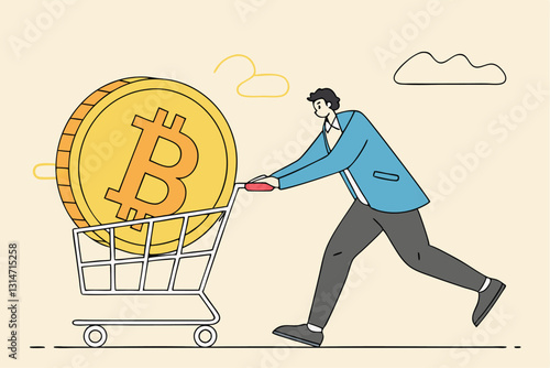 Buying Bitcoin on sale when cryptocurrency price crash to make profit concept, smart man buying or purchasing crypto currency Bitcoin in shopping cart trolley to speculate earning in the future.