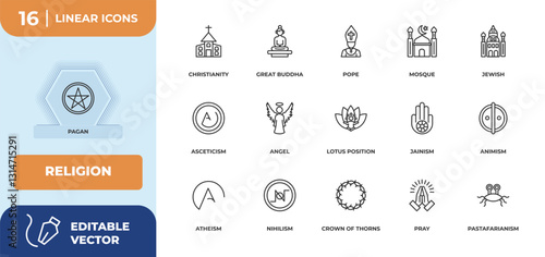 outline icons set - religion concept. pagan, christianity and more.