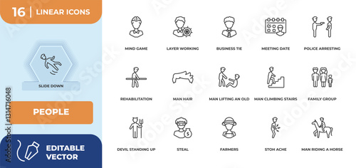 outline icons set - people concept. slide down, mind game and more.