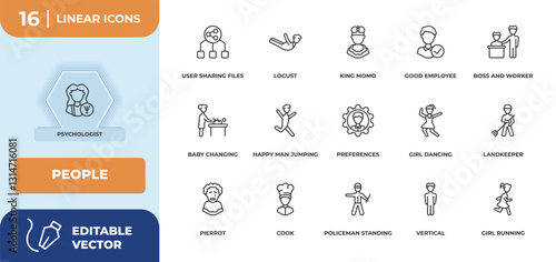 outline icons set - people concept. psychologist, user sharing files and more.