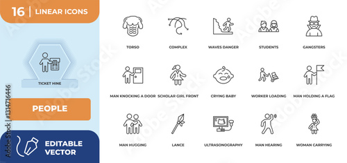 outline icons set - people concept. ticket hine, torso and more.