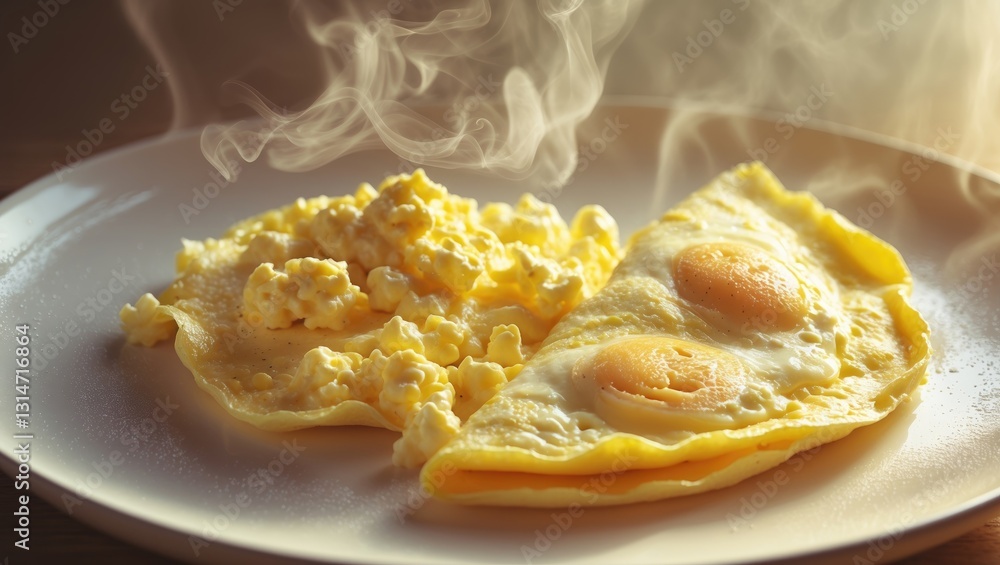 Scrambled eggs, omelette. Breakfast featuring pan-fried eggs. Texture of omelet presented on a white plate. Keto ketogenic diet. Soft lighting. Scrambled eggs, omelette. Breakfast featuring pan-fried eggs. Texture of omelet presented on a white plate. Keto ketogenic diet. Soft lighting.