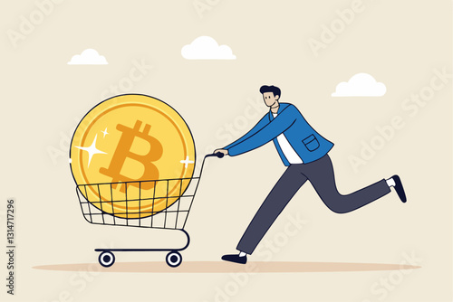 Buying Bitcoin on sale when cryptocurrency price crash to make profit concept, smart man buying or purchasing crypto currency Bitcoin in shopping cart trolley to speculate earning in the future.