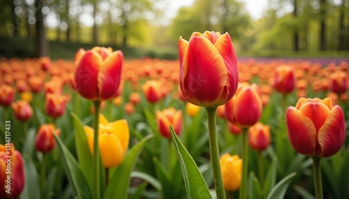 Colorful tulips blooming in vibrant spring garden