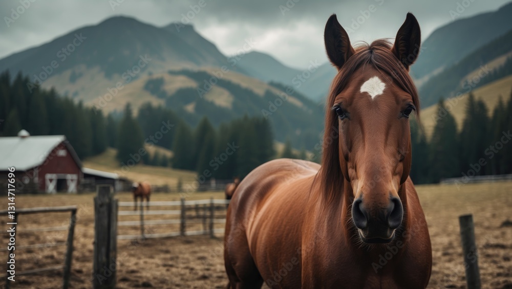 Obraz premium Stunning and lovely horses on the farm. Horse portrait in the mountains.