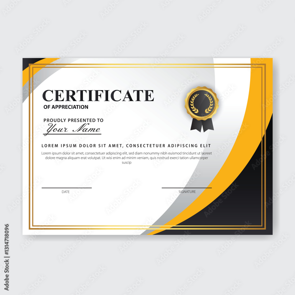 Obraz premium Award Certificate Design; White Background; Yellow, Black Accents; Print Template