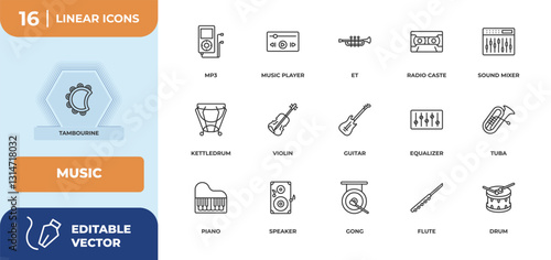 outline icons set - music concept. tambourine, mp3 and more.