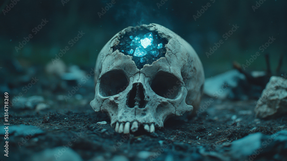 Skull and gems, A mystical werewolf skull adorned with glowing blue sapphires, high fidelity image. Skull and gems, A mystical werewolf skull adorned with glowing blue sapphires, high fidelity image.
