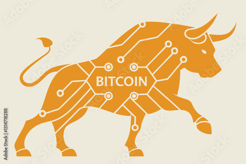 Bitcoin crypto currency bull market, cryptocurrency soaring hit new high record concept, golden bull with digital electronic graphic for new technology blockchain currency.