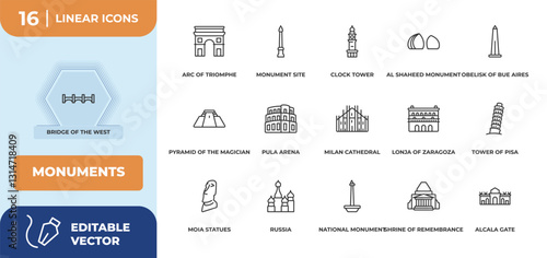 outline icons set - monuments concept. bridge of the west, arc of triomphe and more.