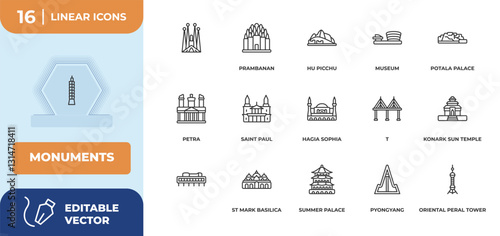outline icons set - monuments concept. , and