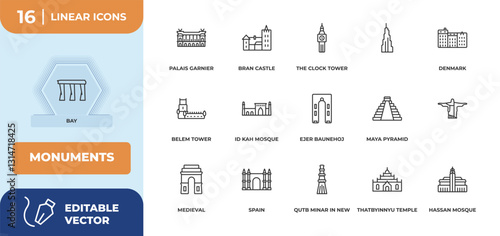 outline icons set - monuments concept. bay, palais garnier and more.