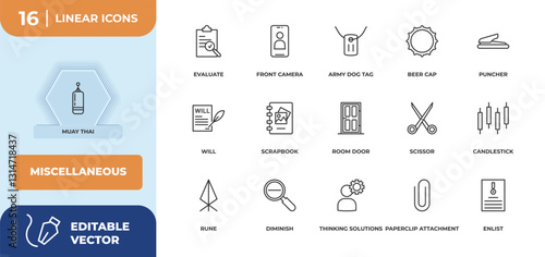 outline icons set - miscellaneous concept. muay thai, evaluate and more.