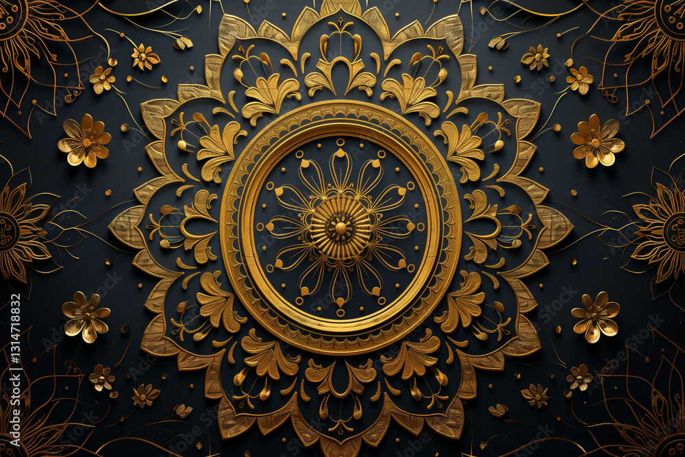Elegant golden mandala on deep black background, featuring intricate floral patterns and royal symmetry. Elegant golden mandala on deep black background, featuring intricate floral patterns and royal symmetry.