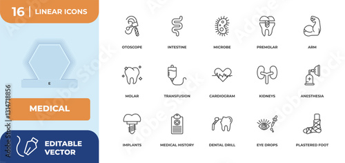 outline icons set - medical concept. e, otoscope and more.