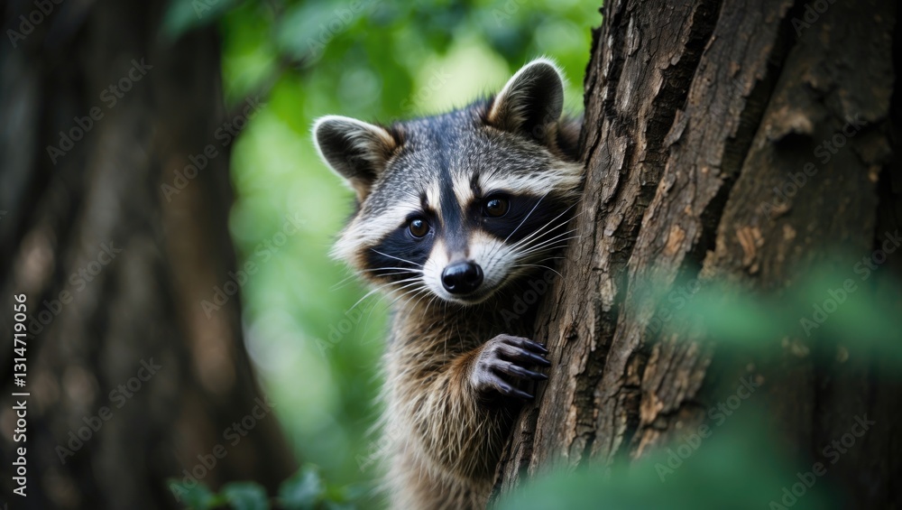 An adorable shy raccoon peeking from behind a tree trunk. An adorable shy raccoon peeking from behind a tree trunk.