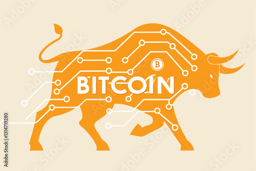 Bitcoin crypto currency bull market, cryptocurrency soaring hit new high record concept, golden bull with digital electronic graphic for new technology blockchain currency.