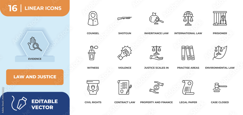 Naklejka premium outline icons set - law and justice concept. evidence, counsel and more.