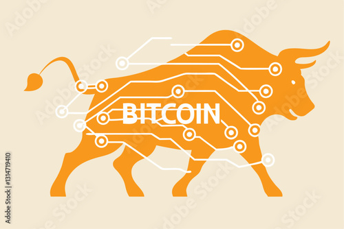 Bitcoin crypto currency bull market, cryptocurrency soaring hit new high record concept, golden bull with digital electronic graphic for new technology blockchain currency.