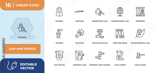 outline icons set - law and justice concept. evidence, counsel and more.