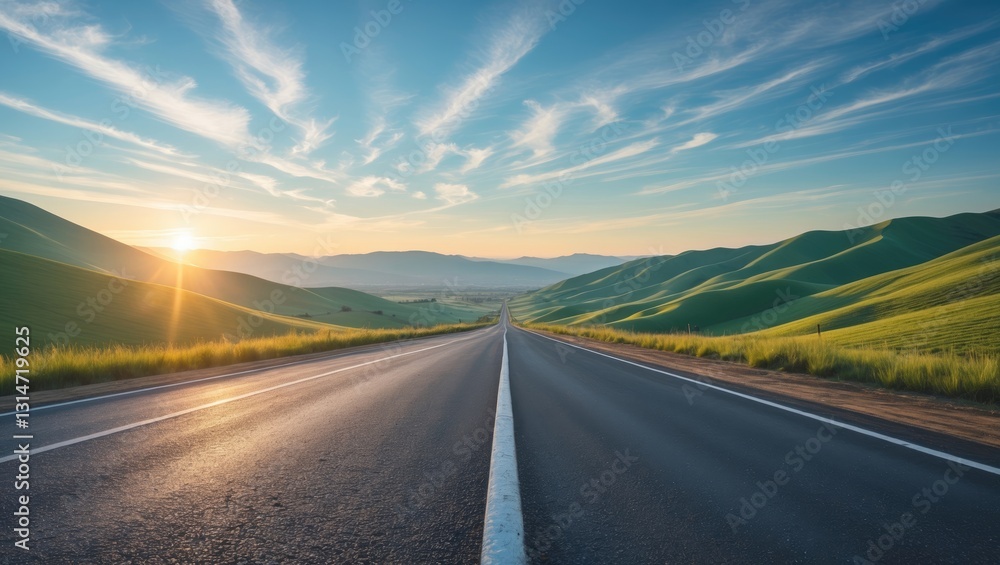 Peaceful Open Road at Sunrise with Mountain View Peaceful Open Road at Sunrise with Mountain View
