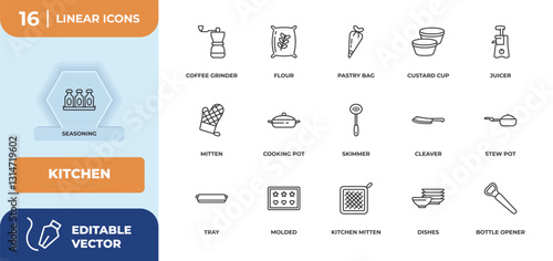 outline icons set - kitchen concept. seasoning, coffee grinder and more.