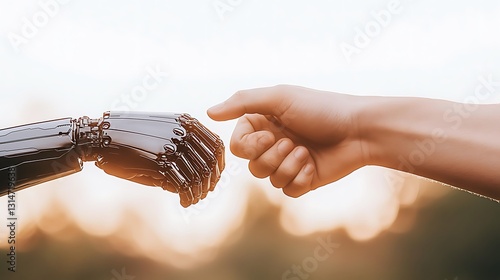 Human-ai interaction outdoor setting digital artwork futuristic environment close-up perspective connection concept