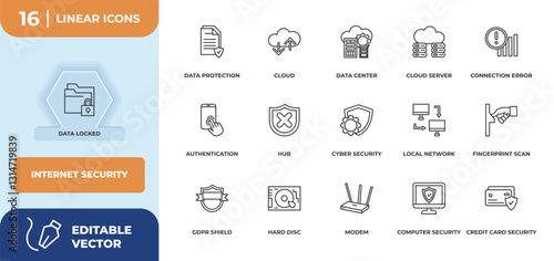 outline icons set - internet security concept. data locked, data protection and more.