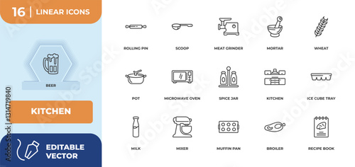 outline icons set - kitchen concept. beer, rolling pin and more.