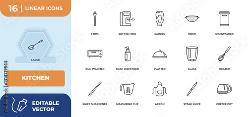 outline icons set - kitchen concept. ladle, fork and more.