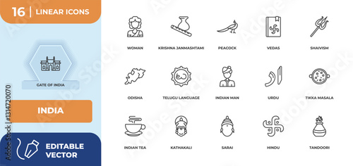 outline icons set - india concept. gate of india, woman and more.